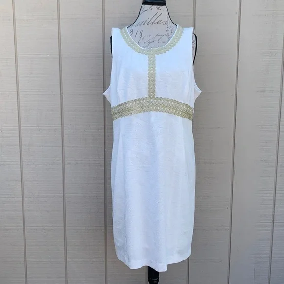 Pappagallo Natural White/Gold Textured Floral Print Sheath Dress - Picture 2 of 16